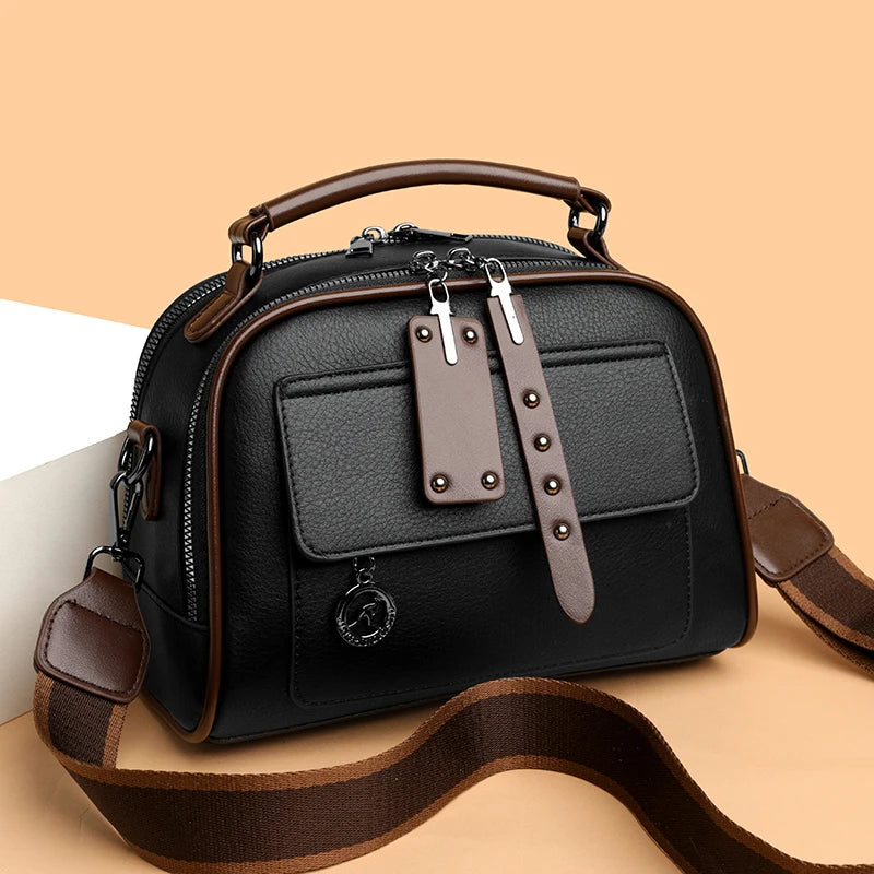Women's Soft Leather Shoulder Bag – Large Capacity Three-Layer Crossbody Tote Handbag