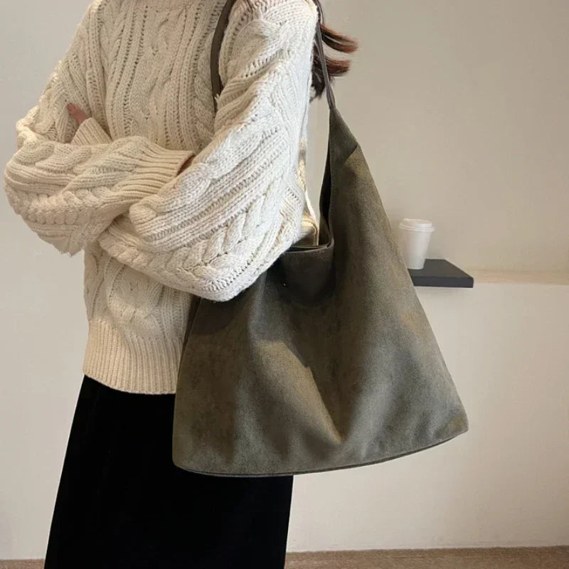 Women's Suede Shoulder Bag – Vintage Large-Capacity Tote with Top Handle