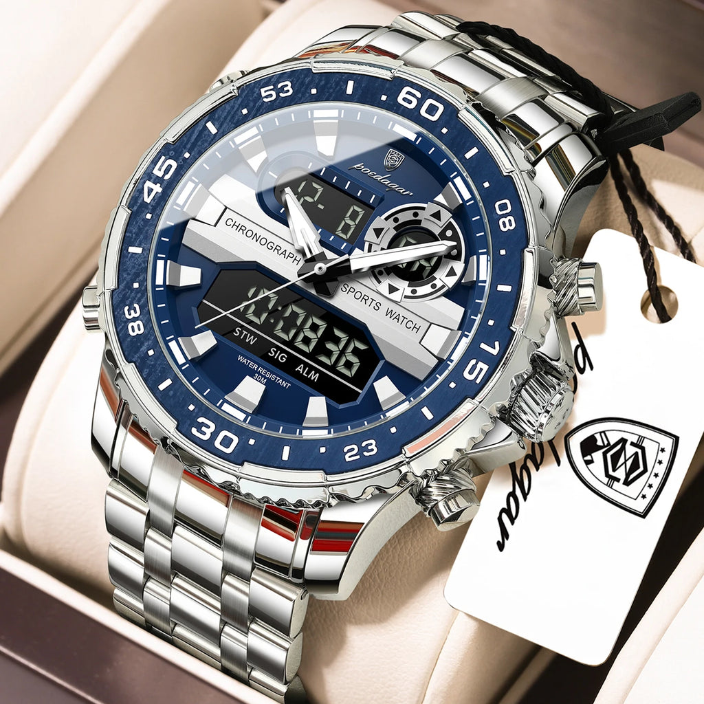 POEDAGAR Top Electronic Man Clock Week Date LED Luminous Fashion Quartz Men Watch Dual Time Digital Military Men's Watches Reloj