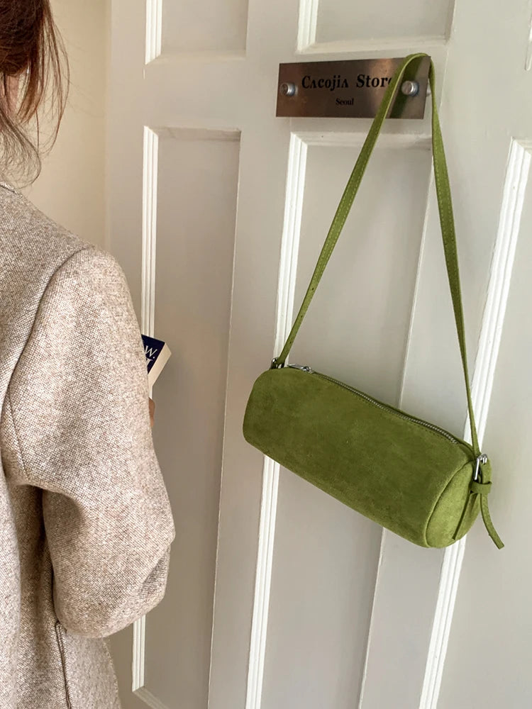 Solid Color Suede Frosted Cylindrical Bag Fashion Large Capacity Women Shoulder Bags Trendy Commuting Shopping Crossbody Pack