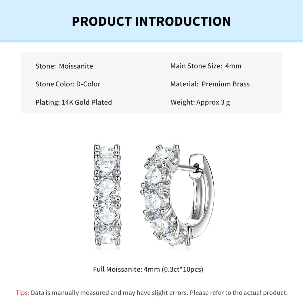 4mm Moissanite Hoop Earrings for Women – D-Color Round-Cut Huggie Earrings