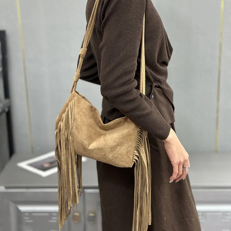 Women's Faux Suede Crossbody Bag – Vintage Tassel Shoulder Tote Bag with Large Capacity