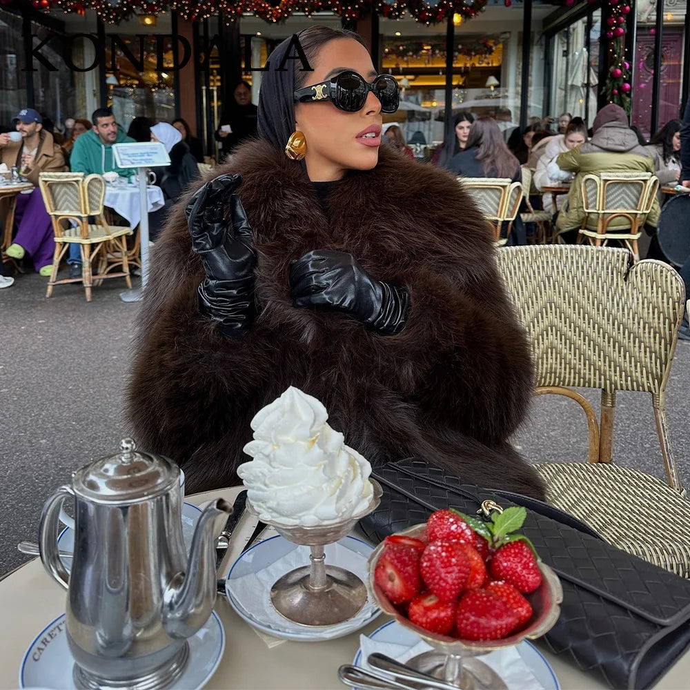 KONDALA  Spring Summer Casual Faux Fur Brown Women Warm Jackets Valentine‘s Day Turn Down Collar Oversized Elegant Coats