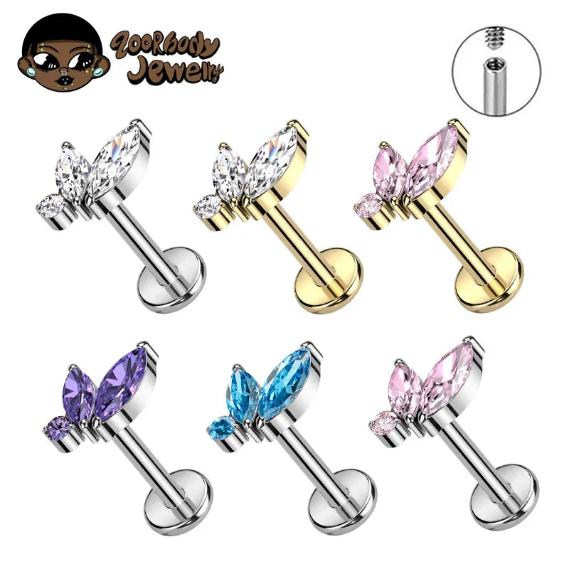 Titanium Triple Marquise CZ Labret Piercing – Internal Thread Lip, Tragus & Helix Jewelry