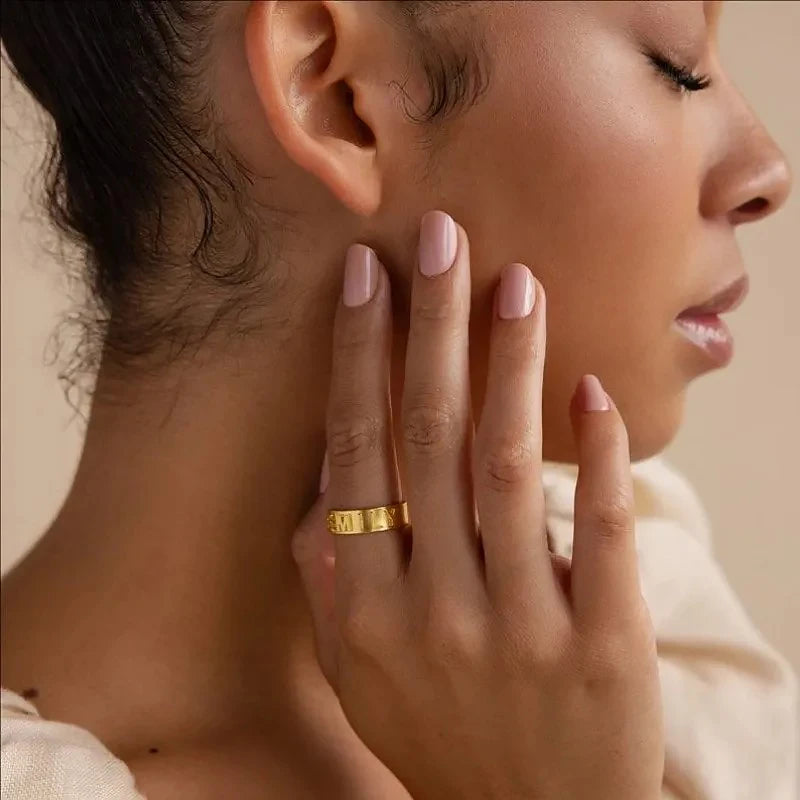 Personalized Name Ring – Custom Initial Gold-Tone Stainless Steel Ring for Couples