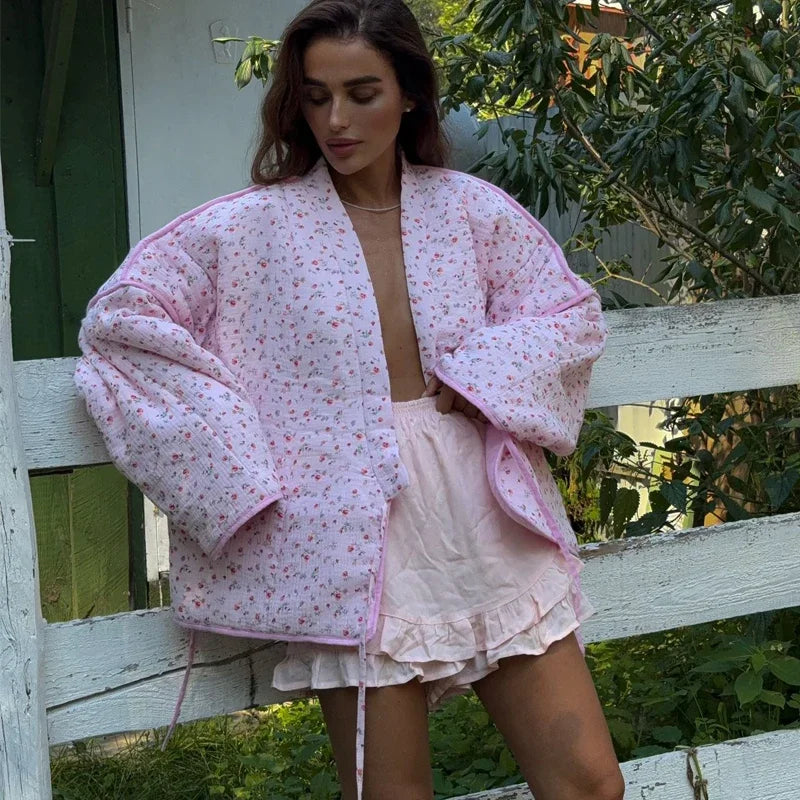 Women’s Floral Print Cardigan – Pink Lace-Up Casual Jacket