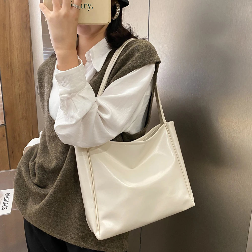 Fashion Tote Bag Female Simple Tote Bag Handbag Temperament Large Capacity PU Shoulder Commuting Bag For Shopping Travel