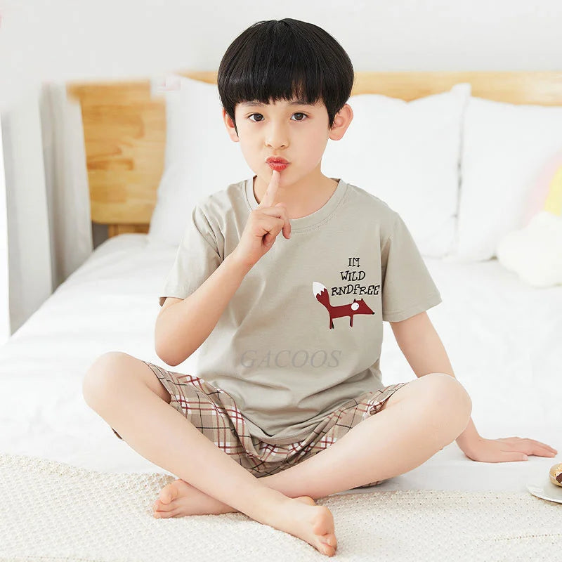 Teenage Boys Girls Pajamas Summer Short Sleeved Children's Clothing Sleepwear Cotton Pyjamas Sets For Kids 8 10 12 14 16 Years