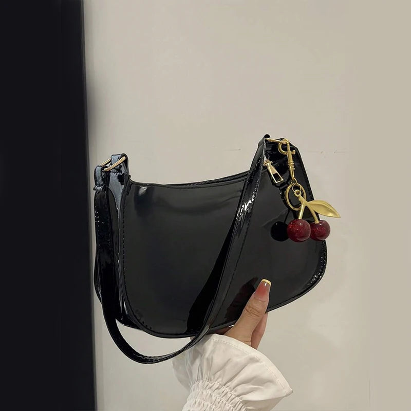 Women's PU Leather Shoulder Bag – Solid Color Handbag with Cherry Pendant