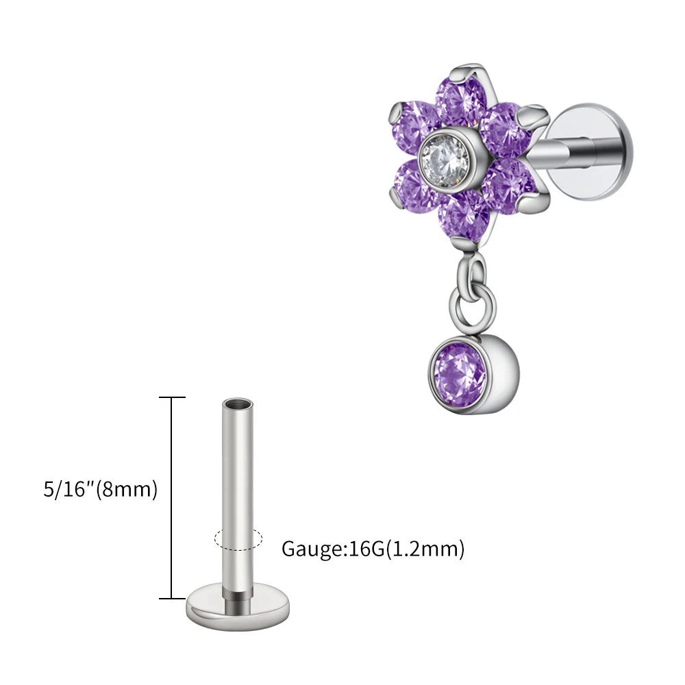 16G Titanium Flower CZ Drop Labret – Dangle Flat Back Piercing Earring