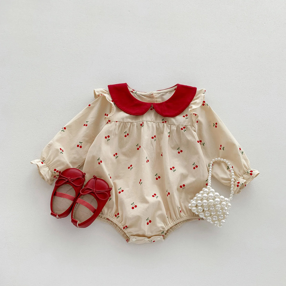 2026 Autumn Cherry Printed Girls Bodysuit Sweet Peter Pan Collar Long Sleeves Princess Romper Daily Wear Toddler Clothing