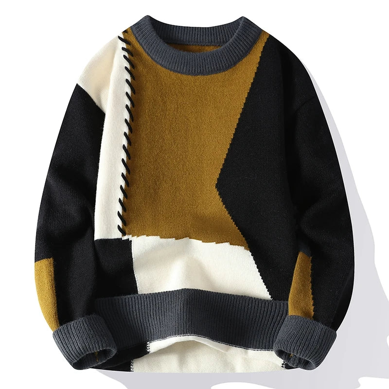 Men's Patchwork Knit Sweater – Warm Crew Neck Pullover, Korean Streetwear Style