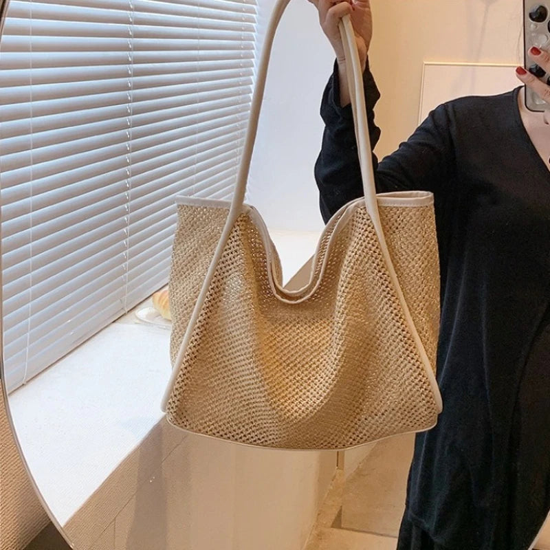 Women Summer Straw Woven Tote Bag with Small Pouch PU Trim Large Capacity Shoulder Handbags, Casual Beach Shopping Handbag Purse