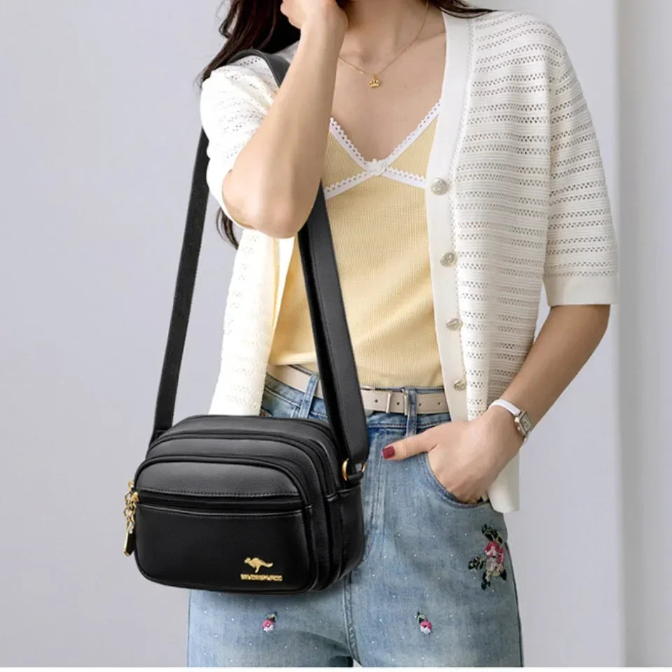 Women's Soft Leather Messenger Bag – Multi-Pocket Luxury Shoulder Handbag