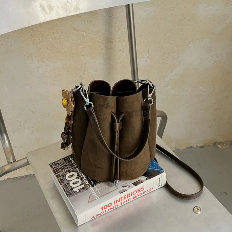 Faux Suede Flower Petal Bucket Bag for Women New Autumn Vintage Maillard Party Handbags Commuter Shoulder Crossbody Bags