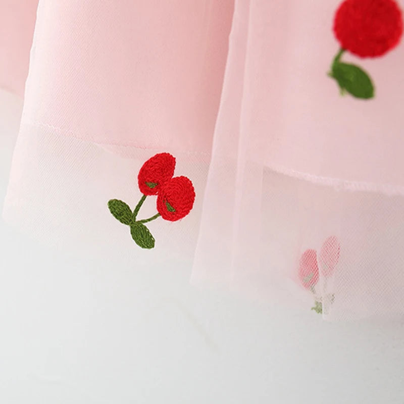 Baby Girl Princess Dress Summer New Red Cherry Chiffon Children'S Clothing (9 Months -3 Years Old)