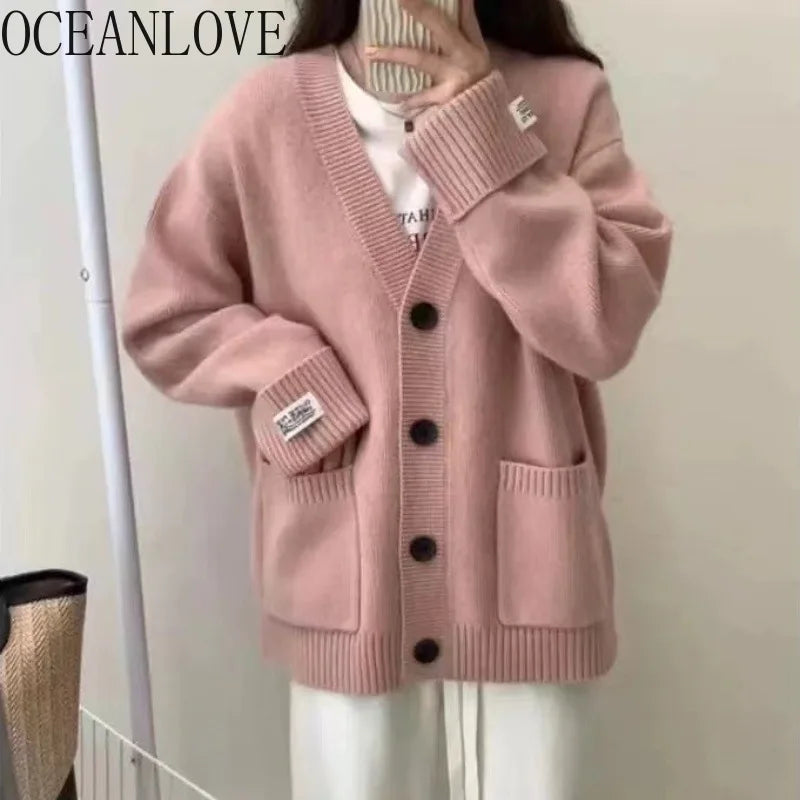Women’s V-Neck Knit Cardigan – Loose Preppy-Style Sweater