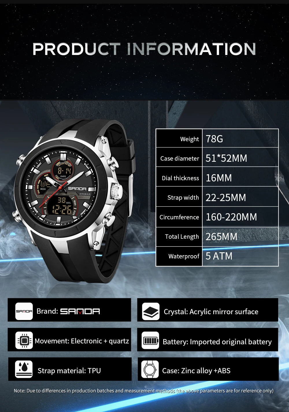 SANDA 6279 Electronic Quartz Watches for Man Dual Display Large Dial Calendar Luminous Waterproof Outdoor Sports Digital Watch