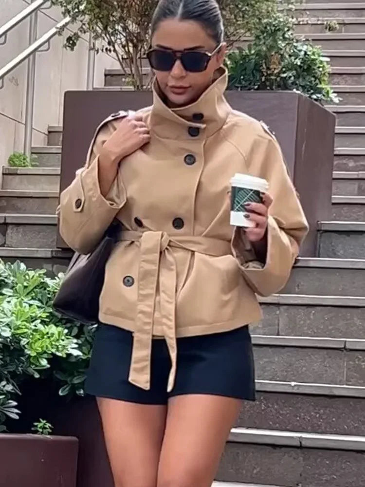 HH Women New Fashion Solid Pockets Double-breasted Lace-up Trench Coat Long Sleeve Women Autumn Casual Street Short Coat