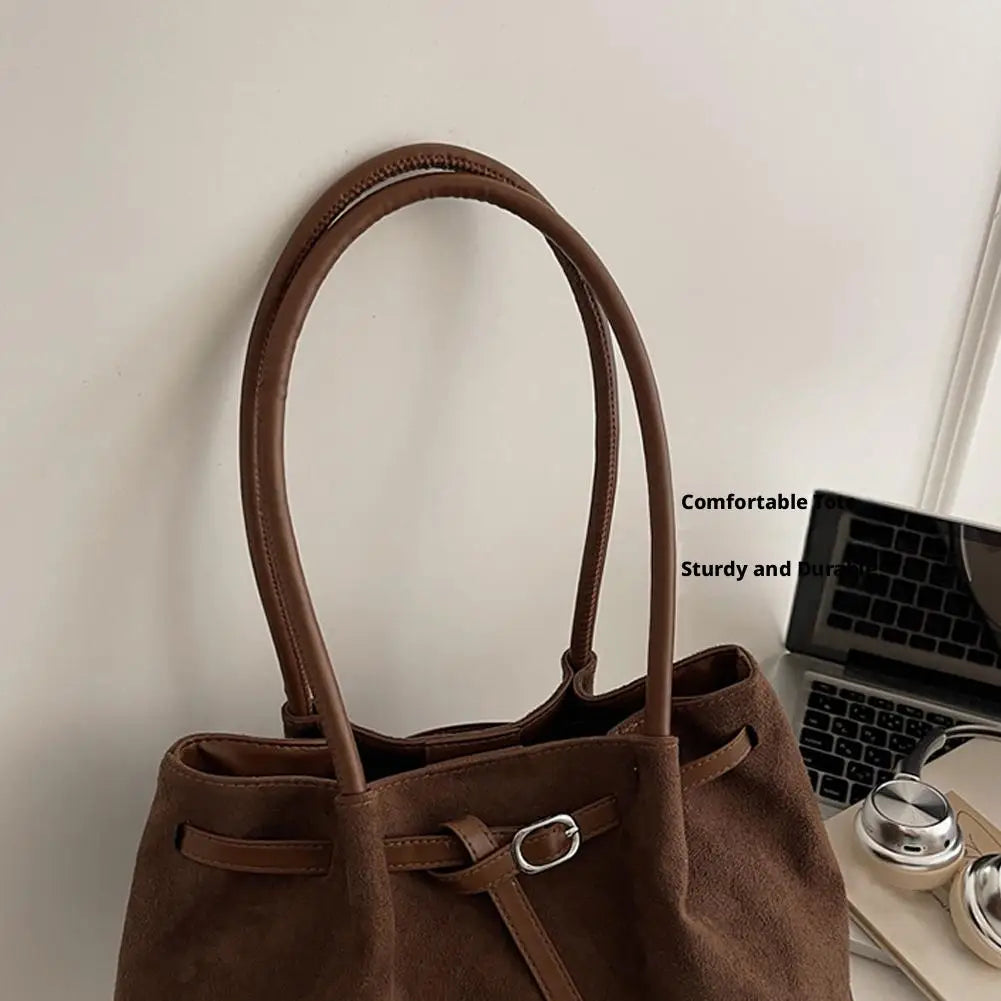 Women's Vintage Suede Tote Bag – Large-Capacity Slouchy Shoulder Handbag with Buckle Strap