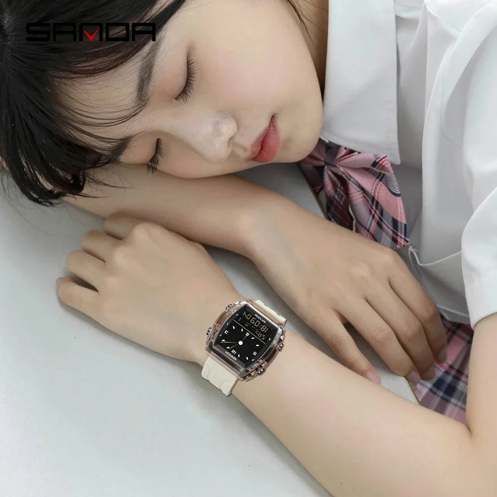 SANDA Fashion Electron Analog Watch for Men Women Square Dial Count Down Timer Waterproof Watch LED Luminous Digital 9502