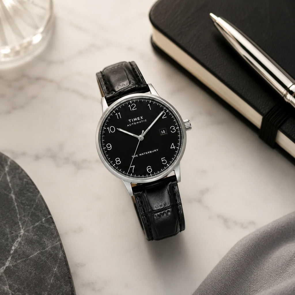 Timex Retro Business Men's Automatic Mechanical Watch, with a Transparent Back Cover and Leather Strap for the Wrist.