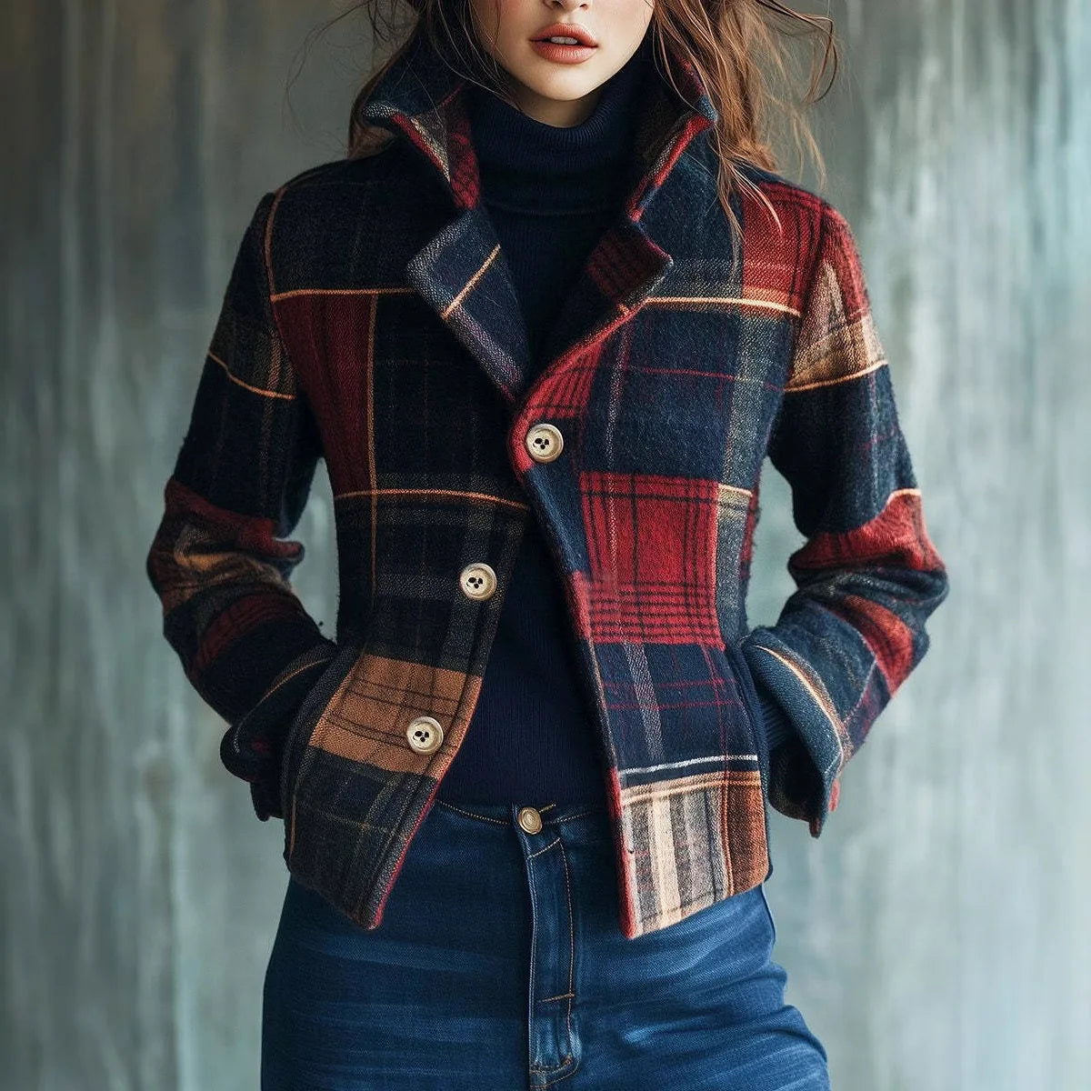 Vestes Femmes Plaid Print Women's Suit Collar Retro Warm Jacket Autumn Winter Versatile Spliced Button Suit Ropa Formal Mujer