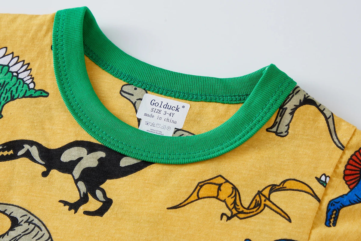 Children's Clothing, 100% Cotton Yellow Full Printed Dinosaur for Comfort Pajamas Set and Sleepwear Set, Boy's 2Ps Home Suit Sui