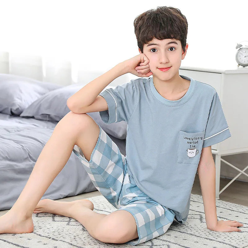 Teenage Boys Girls Pajamas Summer Short Sleeved Children's Clothing Sleepwear Cotton Pyjamas Sets For Kids 8 10 12 14 16 Years