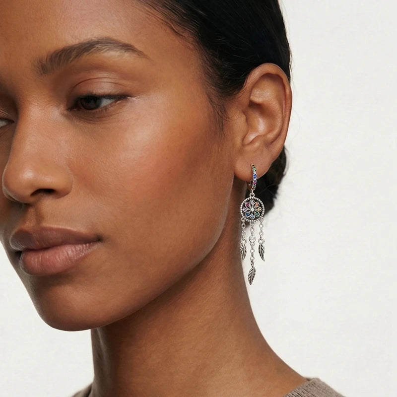 925 Sterling Silver Dreamcatcher Earrings – Colorful Tassel Drop Earrings for Women