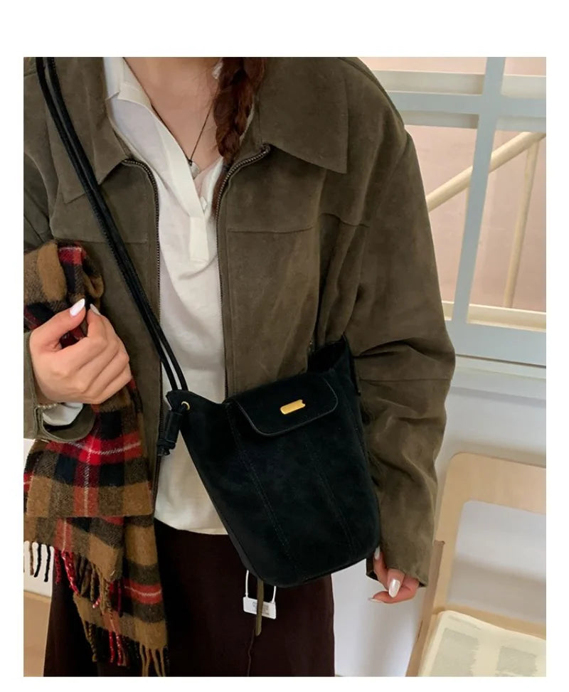 Women's Casual Style Suede & Leather Bucket Shoulder Bag, Ideal for Daily Use, School Commute, Weekend Outings & Shopping