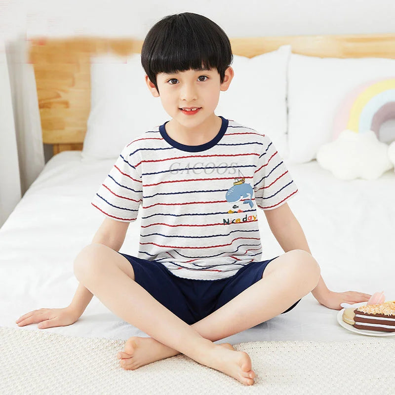 Teenage Boys Girls Pajamas Summer Short Sleeved Children's Clothing Sleepwear Cotton Pyjamas Sets For Kids 8 10 12 14 16 Years