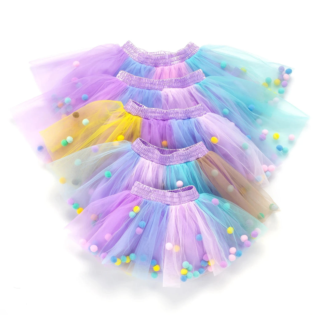 New Arrival Infant Mulity Colorful Tulle Tutu Skirt Pom Pom Princess Mini Dress Children Clothing Pettiskirt Girl Clothes