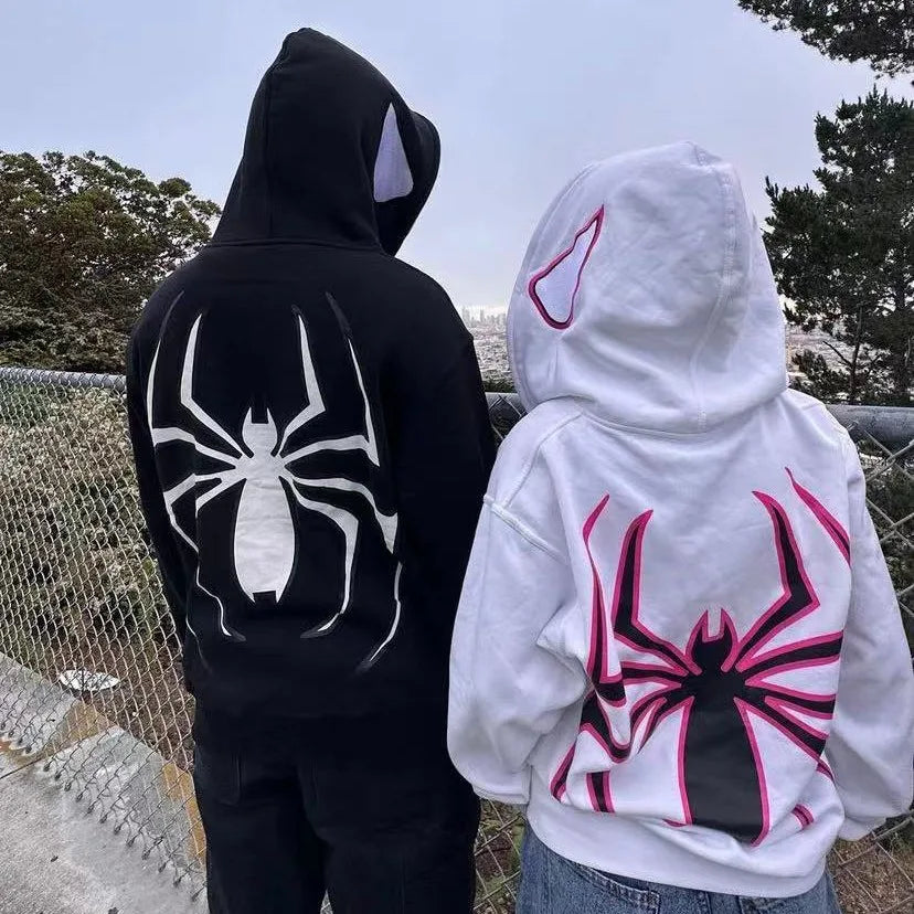 Unisex Spider Graphic Zip-Up Hoodie – Oversized Gothic Y2K Streetwear Jacket