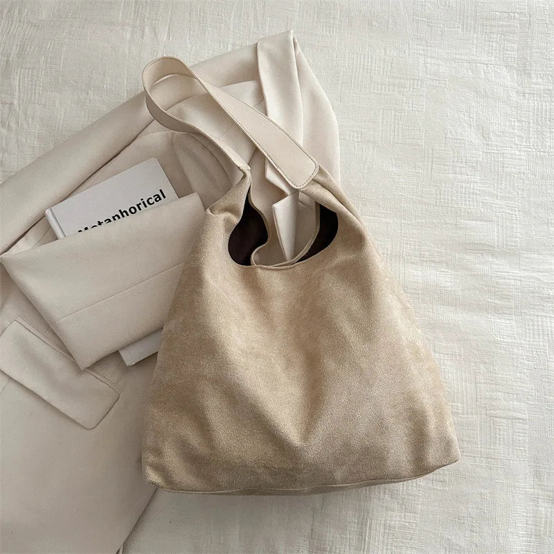 Faux Suede Women's Bag, Fashion Simple Large Capacity Korean Version Trendy Casual Shoulder Armpit Bag Pure Color Retro Tote Bag