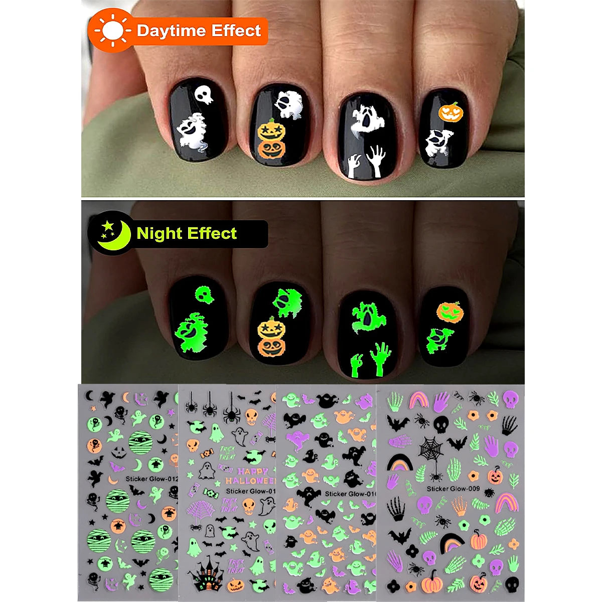Glow In The Dark Halloween Nail Stickers, Minimalist Line Art Pumpkin Ghost Spider Bat Self-Adhesive Luminous Nail Decals