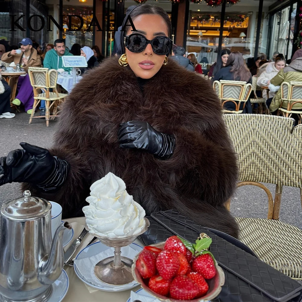 KONDALA  Spring Summer Casual Faux Fur Brown Women Warm Jackets Valentine‘s Day Turn Down Collar Oversized Elegant Coats