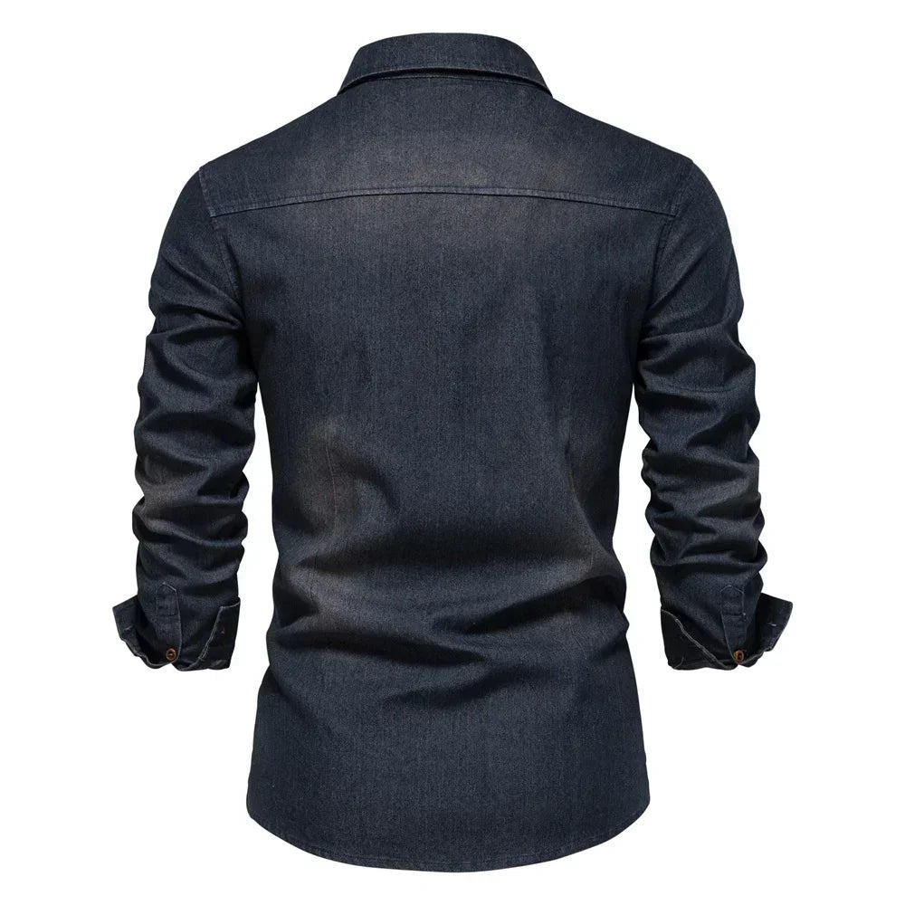 AIOPESON Men's Slim Fit Stretch Denim Shirt – Long Sleeve Cotton Cowboy Shirt