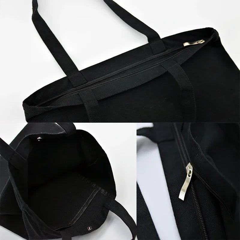 Fashion Custom Bags with Zippered Shopping Tote Bag for Women Eco Reusable Canvas Bags Black White Beige