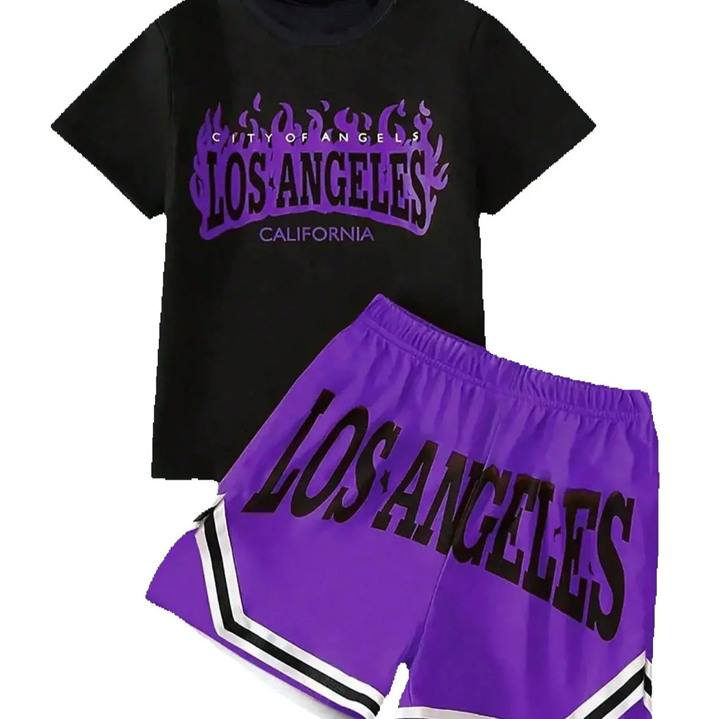 Flame Los Angeles Letter Graphic Printed Short Sleeved T-Shirt and Shorts Set, Comfortable Summer Boys' Clothing