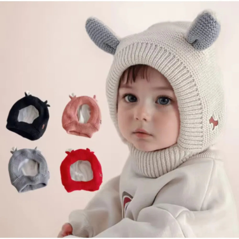 Winter Knit Balaclava Hat for Baby Cute Cartoon One Piece Scarf Cap Kids Thickened Warm Ear Protection Woolen Beanies Caps