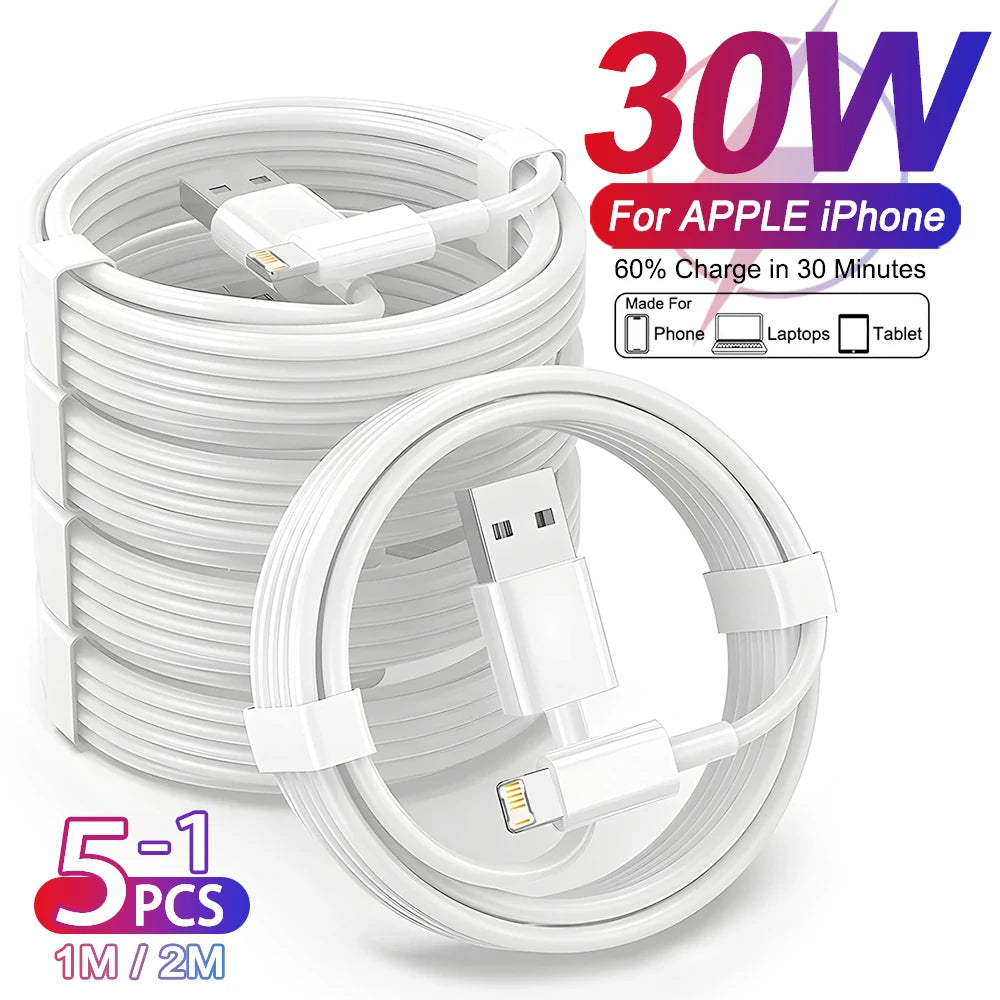 1-5Pcs 30W Fast Charging USB Cables For iPhone 13 11 12 14 Pro XS Max X XR 7 8 Plus SE Original Data Cable PD Quick Charger Cord