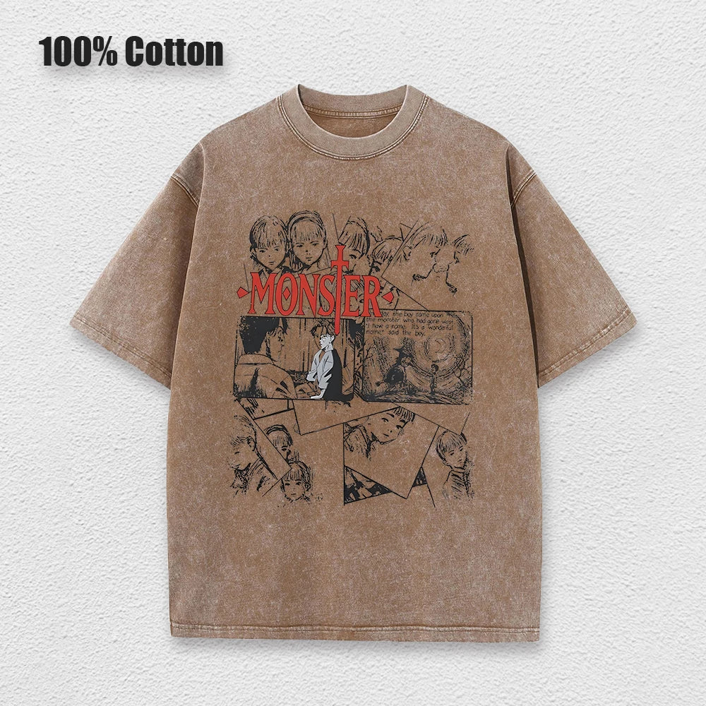Unisex Washed Cotton Anime Monster Graphic T-Shirt – Retro Harajuku Streetwear Tee