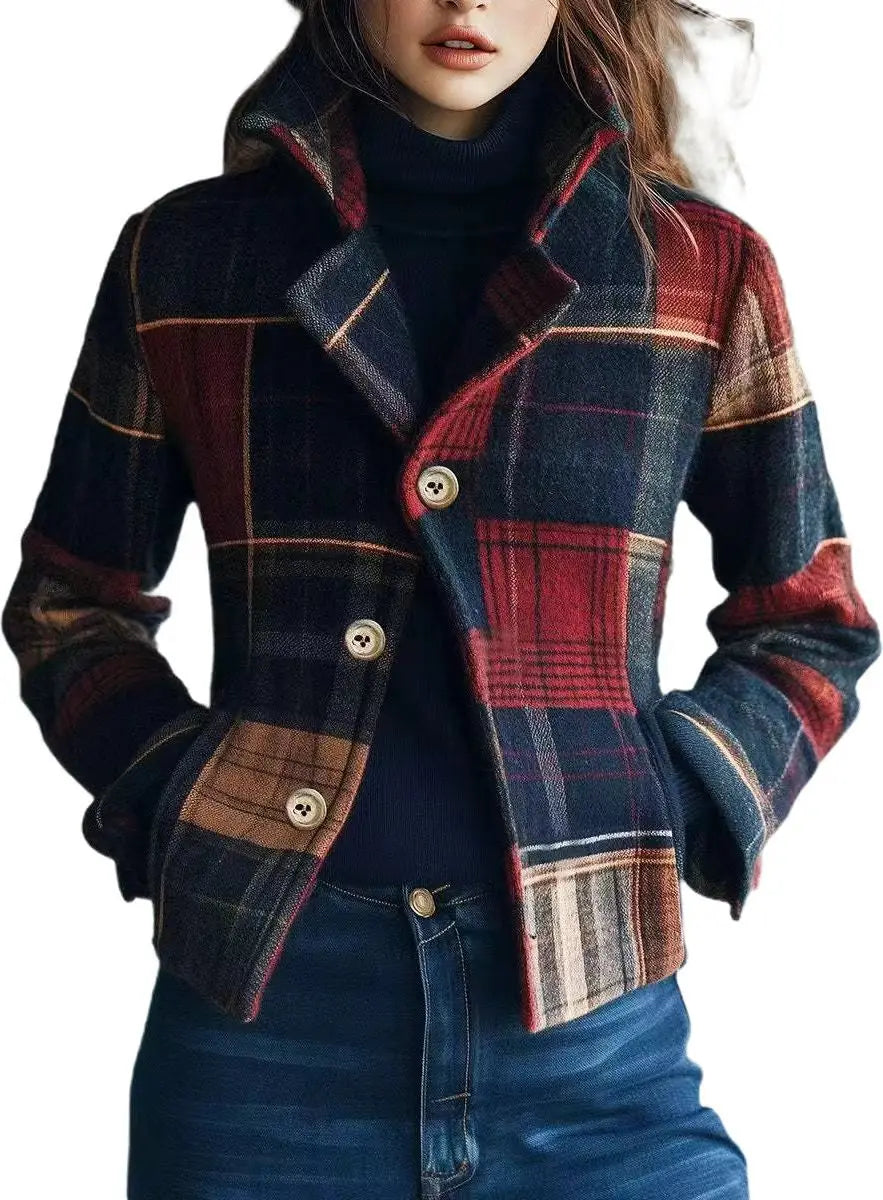 Vestes Femmes Plaid Print Women's Suit Collar Retro Warm Jacket Autumn Winter Versatile Spliced Button Suit Ropa Formal Mujer