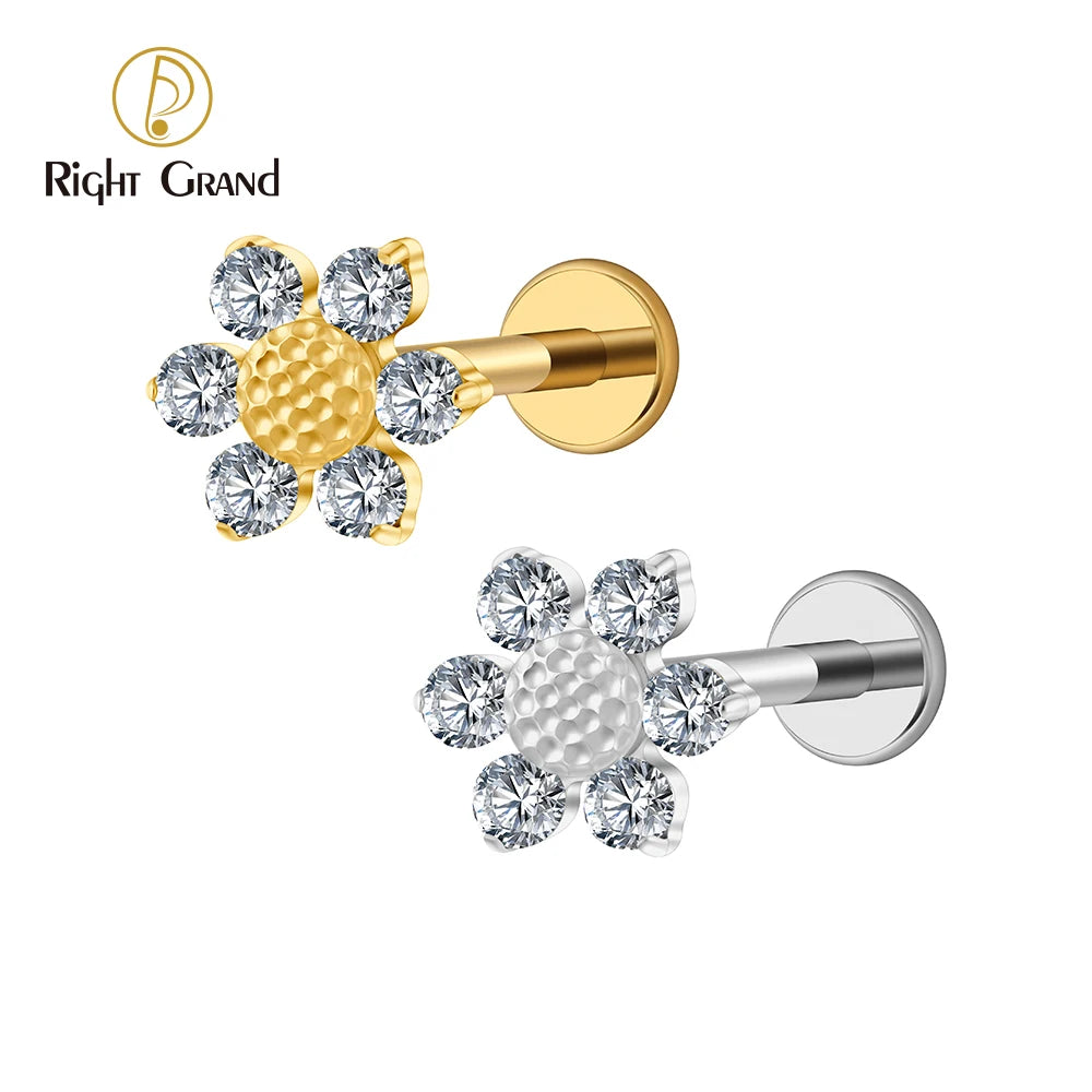 16G Titanium Sunflower Labret Stud – Mini CZ Flower Cartilage Piercing