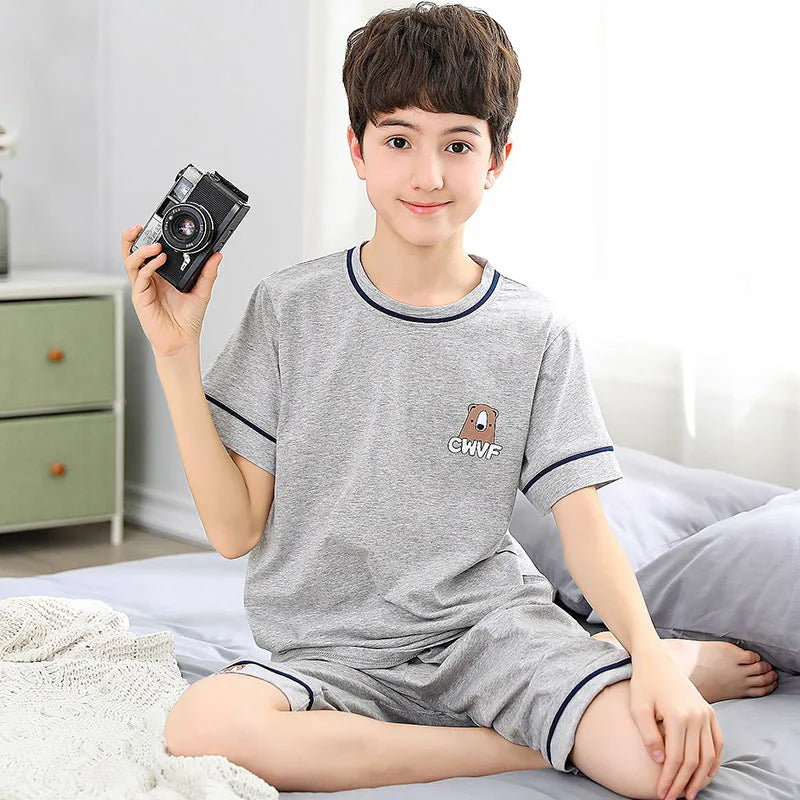 Teenage Boys Girls Pajamas Summer Short Sleeved Children's Clothing Sleepwear Cotton Pyjamas Sets For Kids 8 10 12 14 16 Years