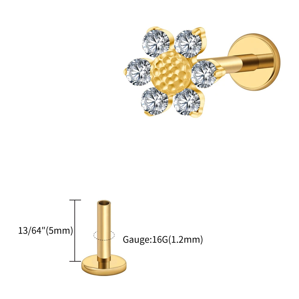 16G Titanium Sunflower Labret Stud – Mini CZ Flower Cartilage Piercing
