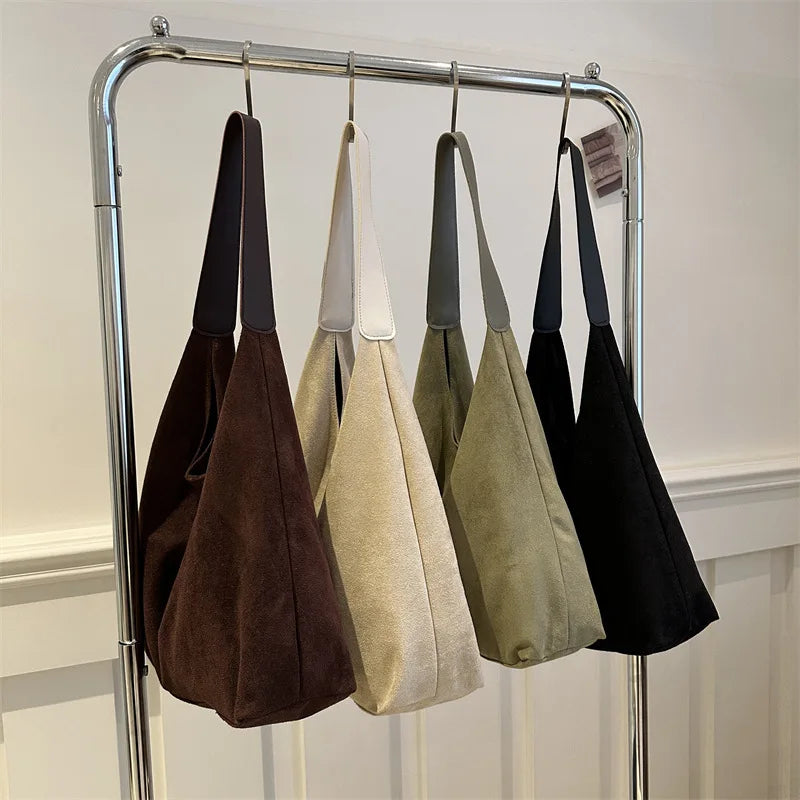 Faux Suede Women's Bag, Fashion Simple Large Capacity Korean Version Trendy Casual Shoulder Armpit Bag Pure Color Retro Tote Bag