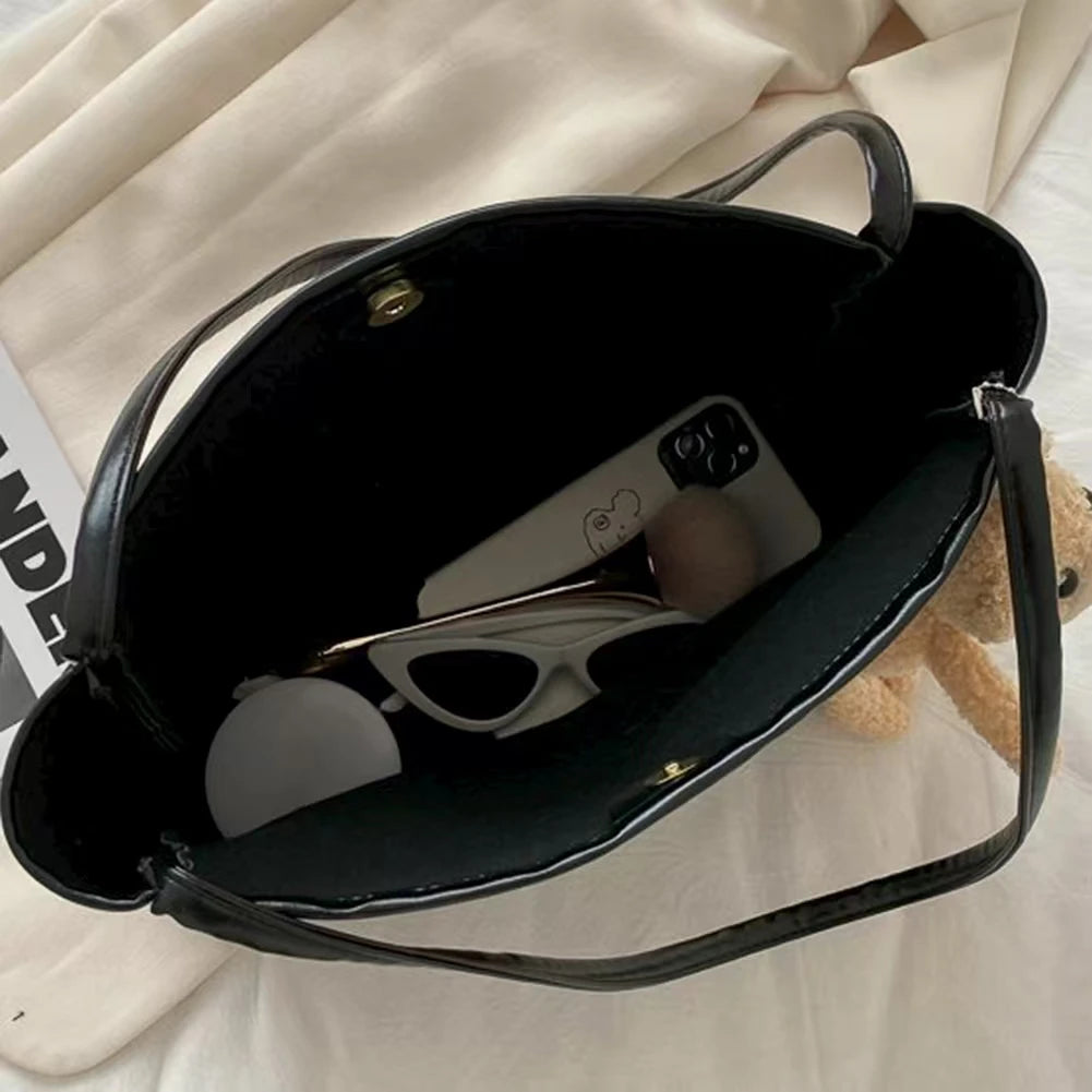 Fashion Tote Bag Female Simple Tote Bag Handbag Temperament Large Capacity PU Shoulder Commuting Bag For Shopping Travel