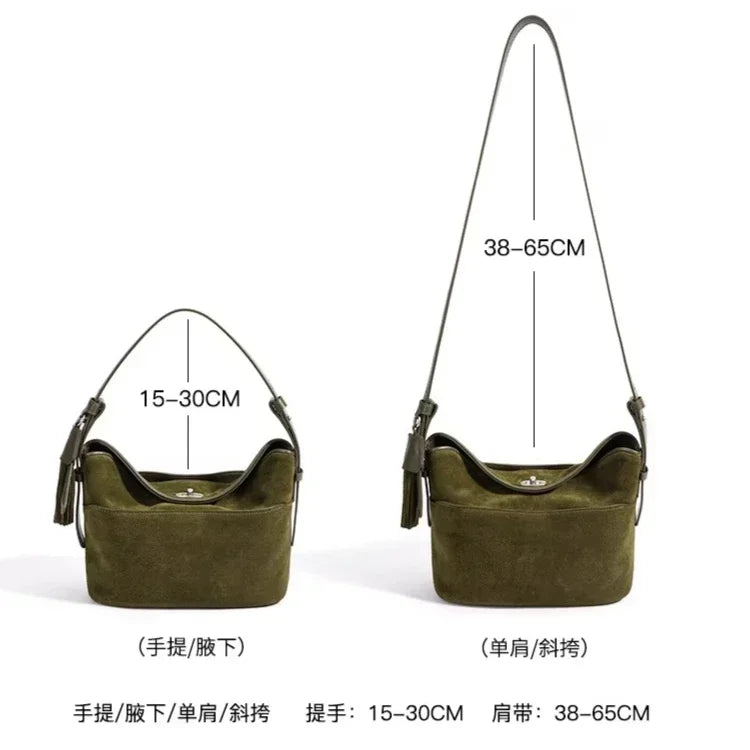 Fashion Tote Real Suede Leather Female Crossbody Shoulder Bag High Quality New Autumn winter Tassel Design Slouchy Woman Bucket